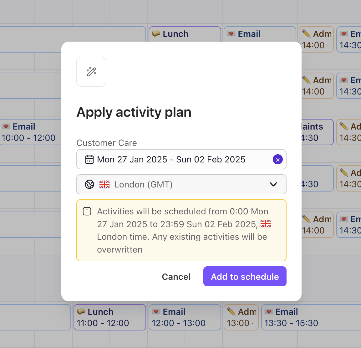 Activity plan application for customer care with scheduling details and time zone information.